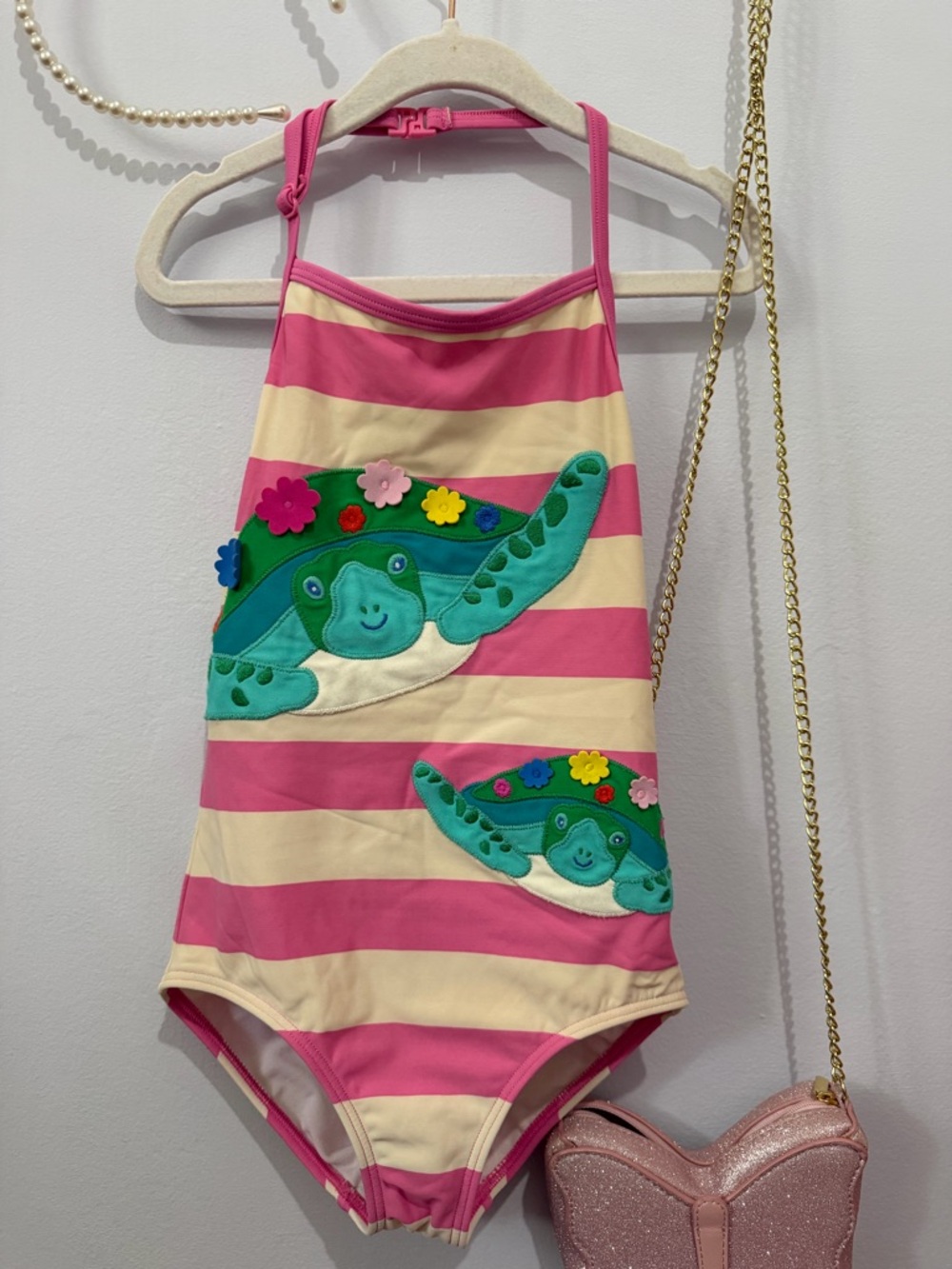 Mini Boden Pink & Cream Striped Girls Swimsuit with Turtle Accents